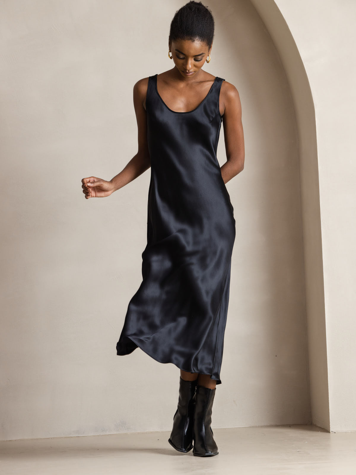 Rosstef 100% Mulberry Silk U Neck Midi Long Dress
