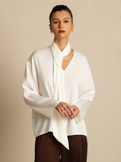 Rosstef 19Momme Stretch Silk Asimetrik V Çıkıntılı Bluz