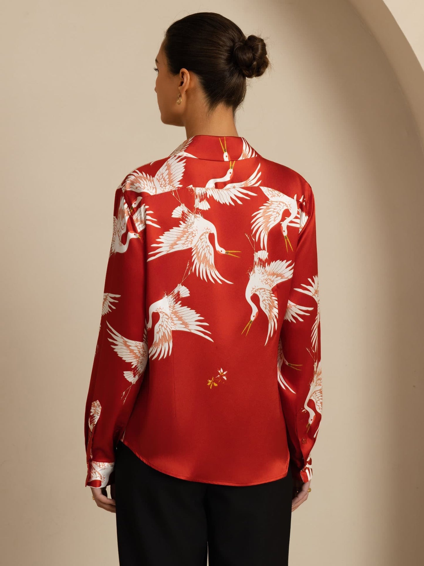 Rosstef 100% Mulberry Silk Long Sleeve Lapel Collar Women's Crane Print Button Blouse