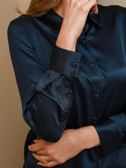 Rosstef 19Momme Silk Long Sleeve Lapel Collar Kadın Giyimi