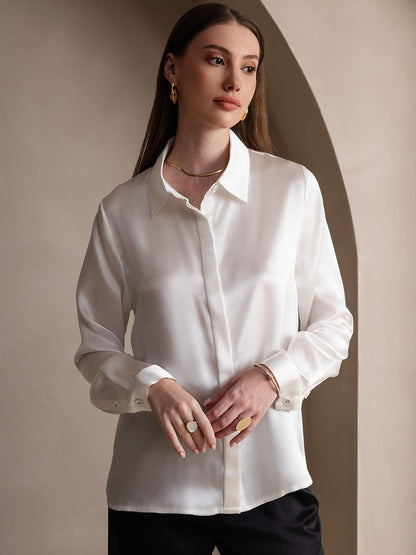 Rosstef 19Momme Silk Long Sleeve Lapel Collar Kadın Bluzu