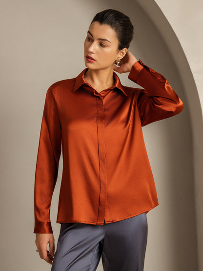 Rosstef 19Momme Silk Long Sleeve Lapel Collar Kadın Bluzu