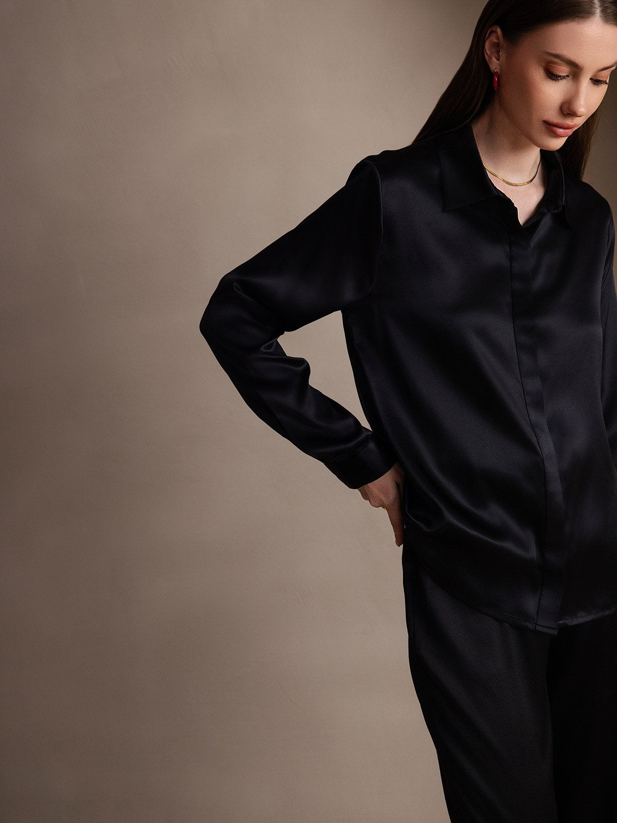 Rosstef 19Momme Silk Long Sleeve Lapel Collar Kadın Bluzu