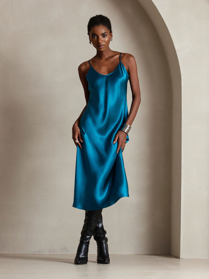 Rosstef 100% Mulberry Silk Spaghetti Strap V Neck Midi Dress