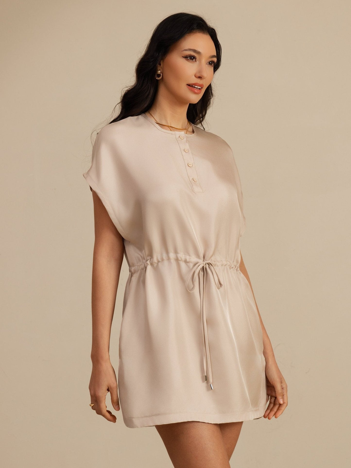 Rosstef Pure Silk Henley Neck Cap Sleeve Short Dress