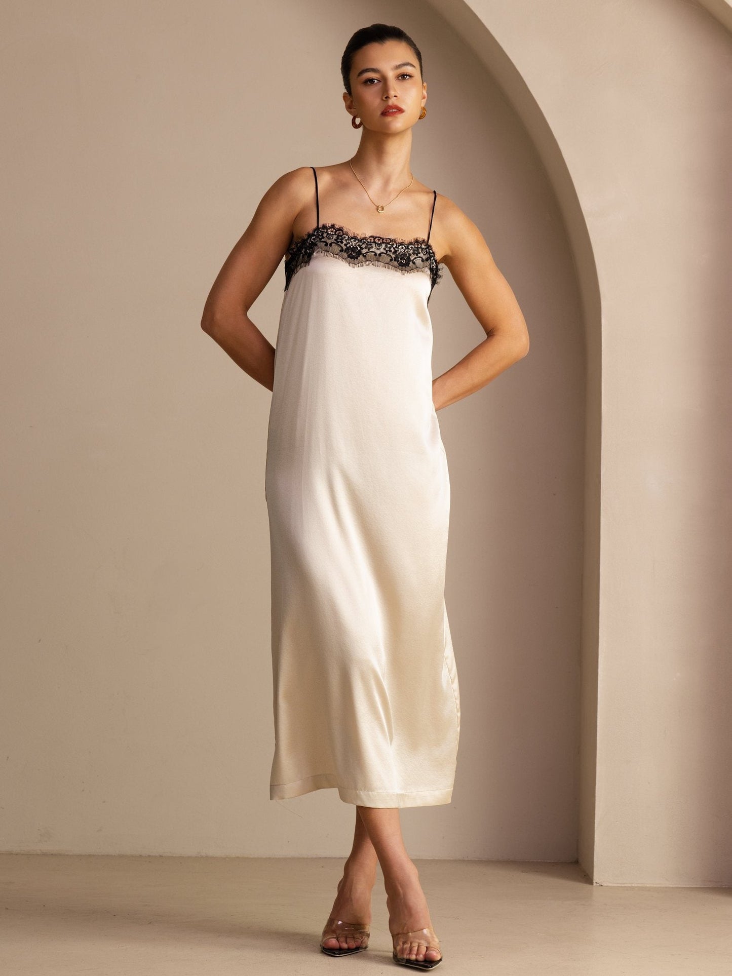 Rosstef 19Momme Silk Square Neck Spaghetti Strap Lace Midi Dress
