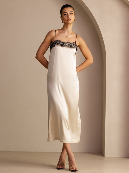 Rosstef 19Momme Silk Square Neck Spaghetti Strap Lace Midi Dress