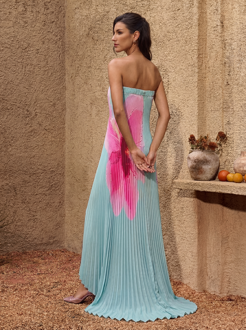 Yexila Strapless Floral Pleated Maxi Dress