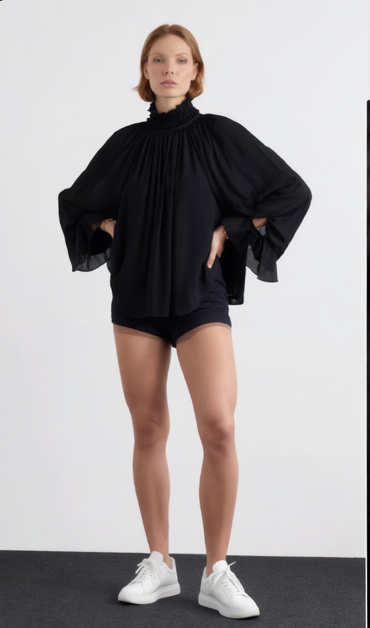 ROSSTEF Dik Yaka Büzgülü Şifon Bluz - Oversize