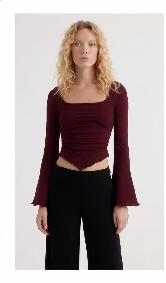 ROSSTEF Kare Yaka Transparan Kol Büzgülü Bluz