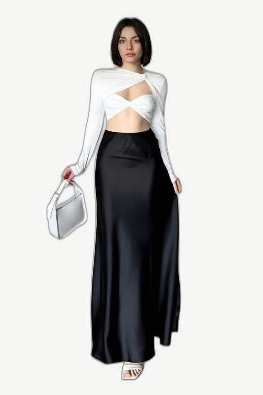 Rosstef Midnight Satin Siyah Kloş Maxi Etek