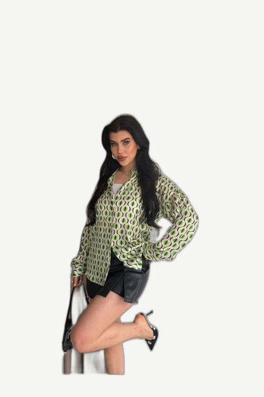 Rosstef Kadın Yeşil Desenli Saten Gömlek