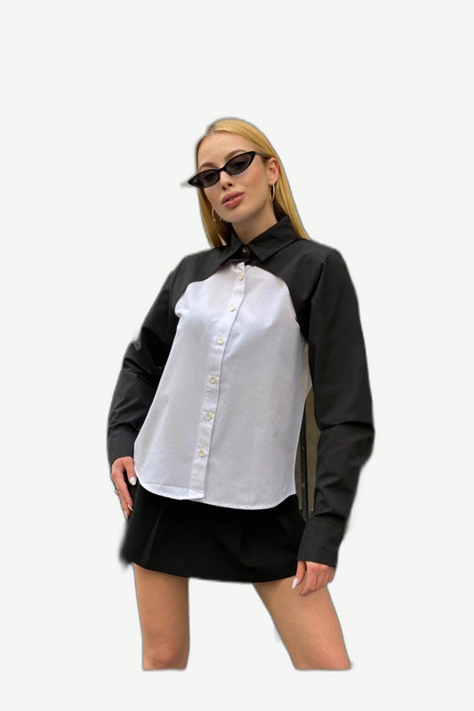 Cool & Sexy Kadın Siyah Renk Bloklu Uzun Kollu Oversize Gömlek